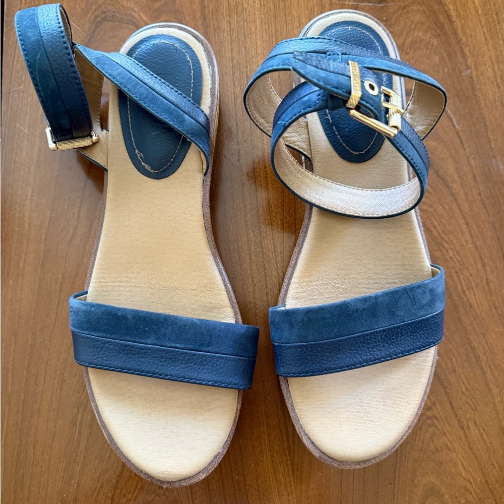 Blue and Cream Flat Sandals with Suede Straps - Size 11